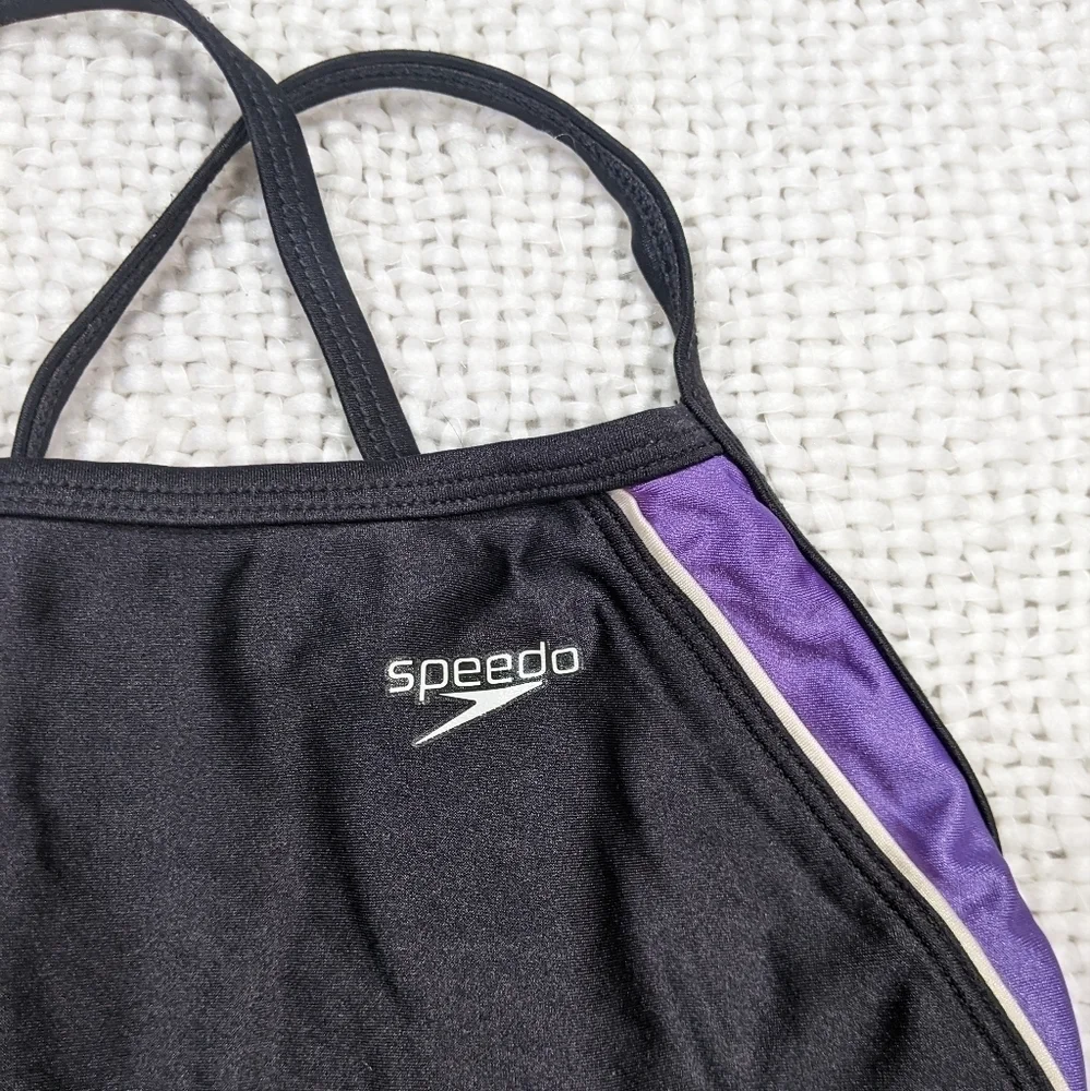 Speedo Rapid Splice Black and Purple Athletic Open Back‎ One Piece *See Measure